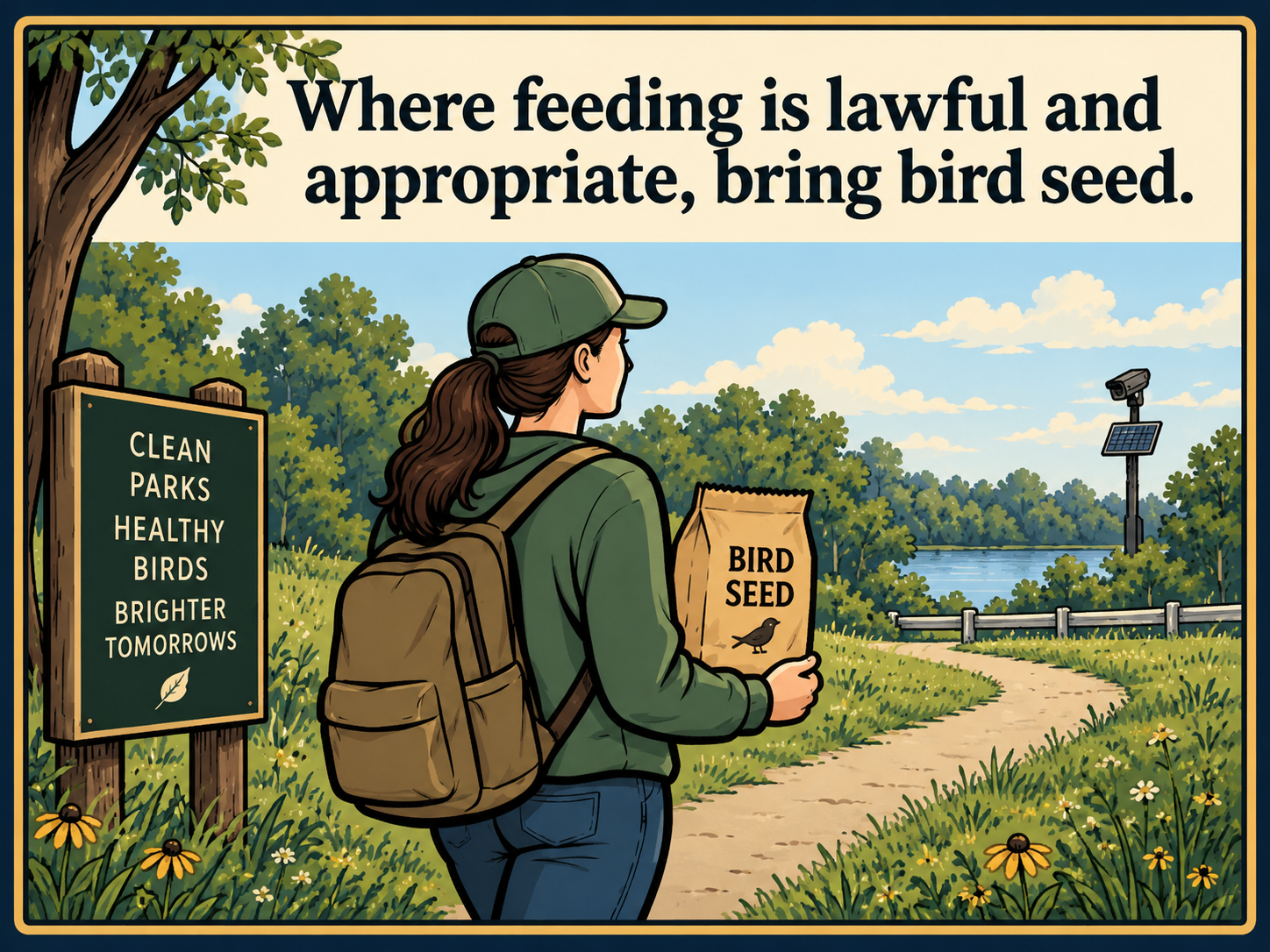 Panel 1: Where feeding is lawful and appropriate, bring bird seed.