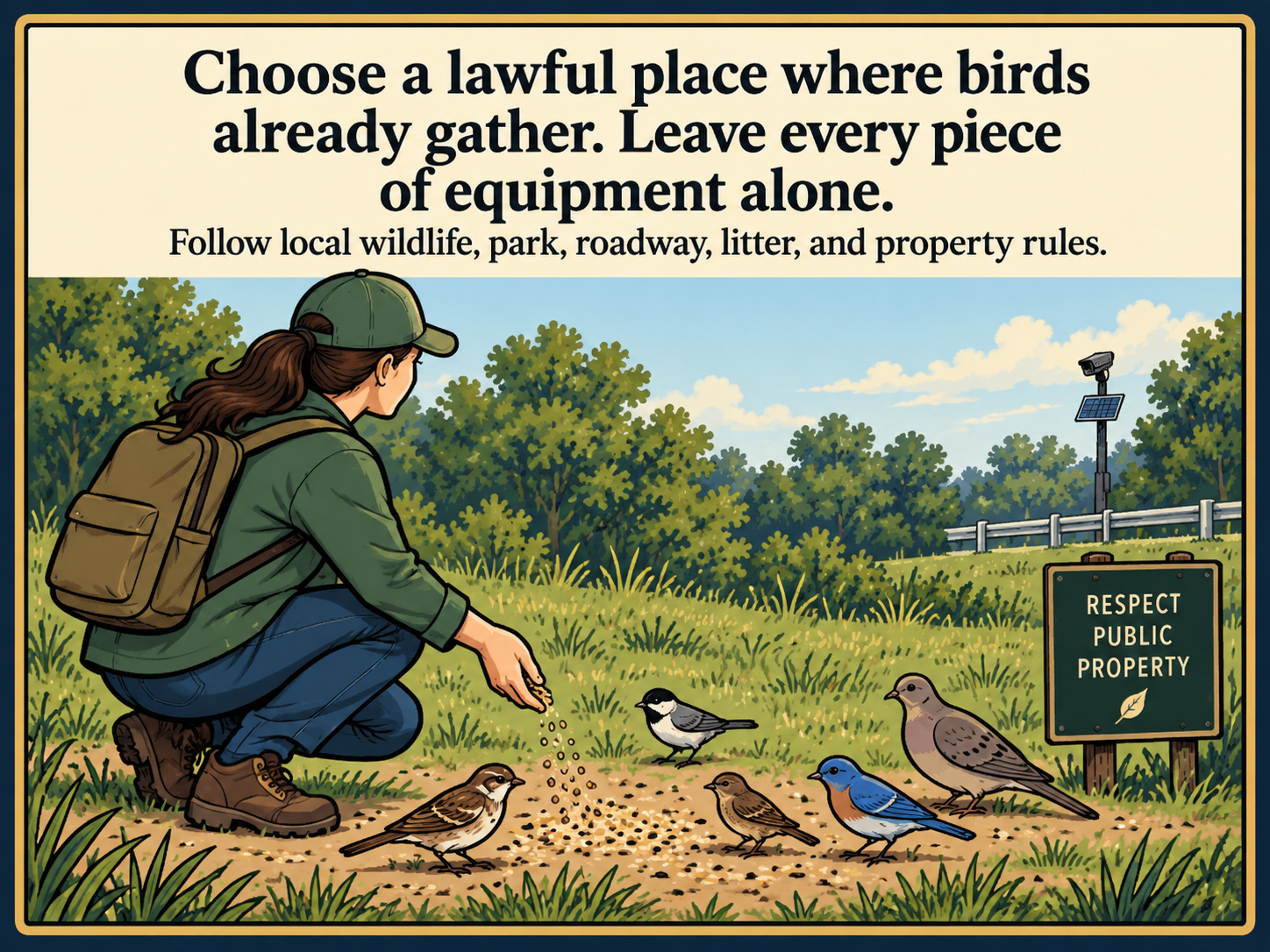 Panel 2: Choose a lawful place where birds already gather. Leave every piece of equipment alone.